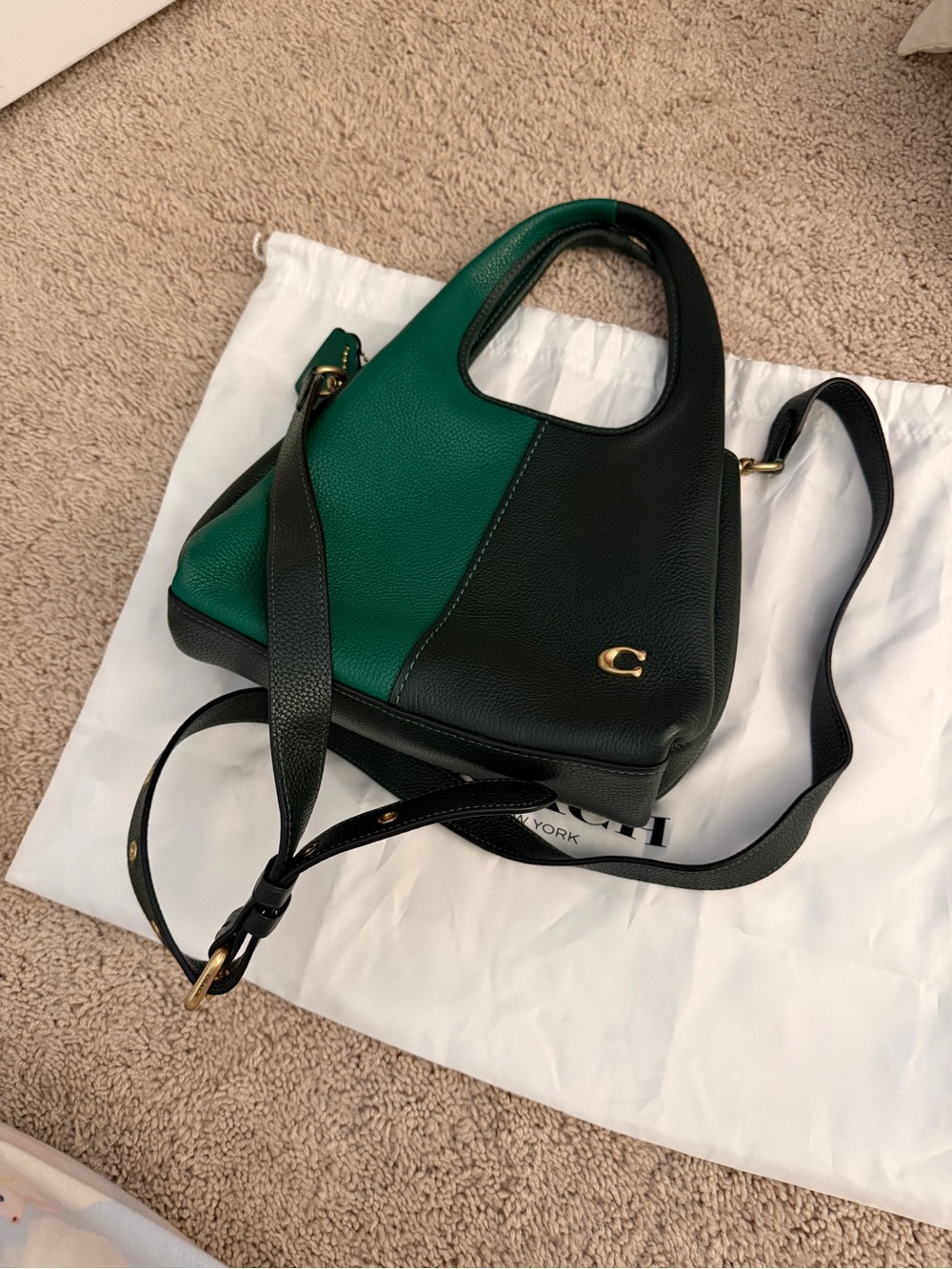 Coach Two-Tone Green and Black Pebbled Leather Crossbody Tote
